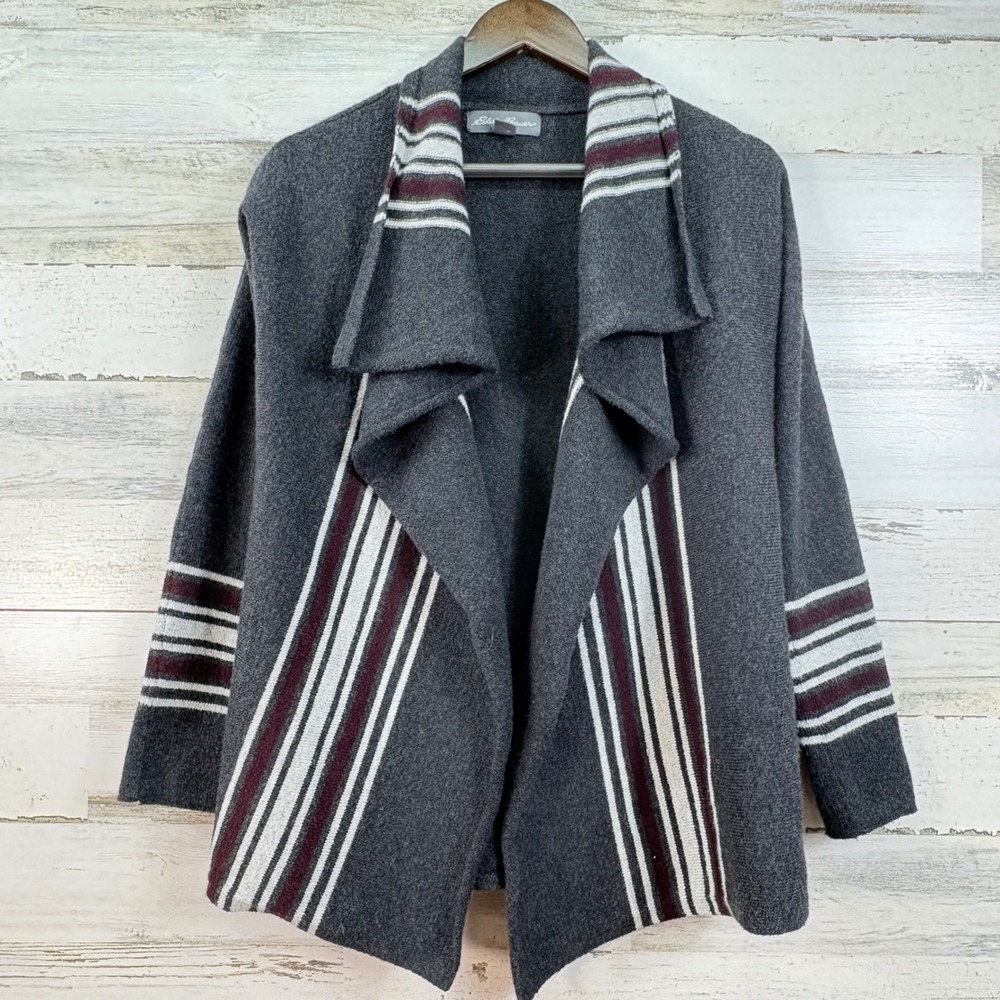 Eddie Bauer Women XS Grey Striped Draped‎ Open Front Cardigan Sleepwear D3657071
